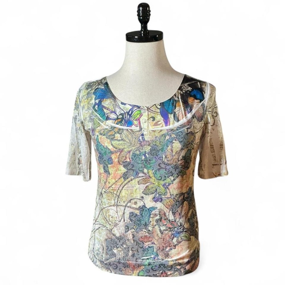Y2K Vintage Suzie Petite Womens Butterfly Floral Print Sheer Mesh Top 3/4 Sleeve